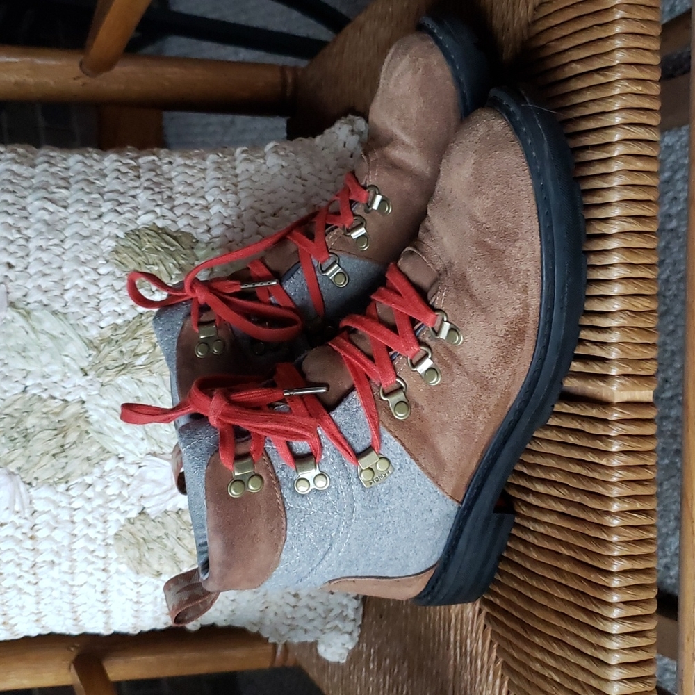 Toms Brown Suede & Gray Hiking-Style Ankle Boots with Red Laces